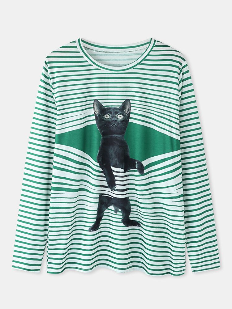 Kvinnor Söt Tecknad Katt Randtryck Rundhalsad Casual Långärmade Sweatshirts