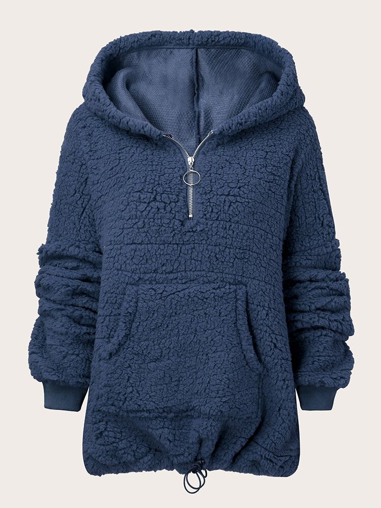 Kvinnor Solid Zipper Up Plus Size Lammficka Långärmad Casual Hoodies