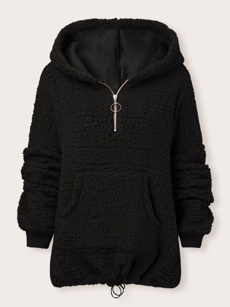 Kvinnor Solid Zipper Up Plus Size Lammficka Långärmad Casual Hoodies