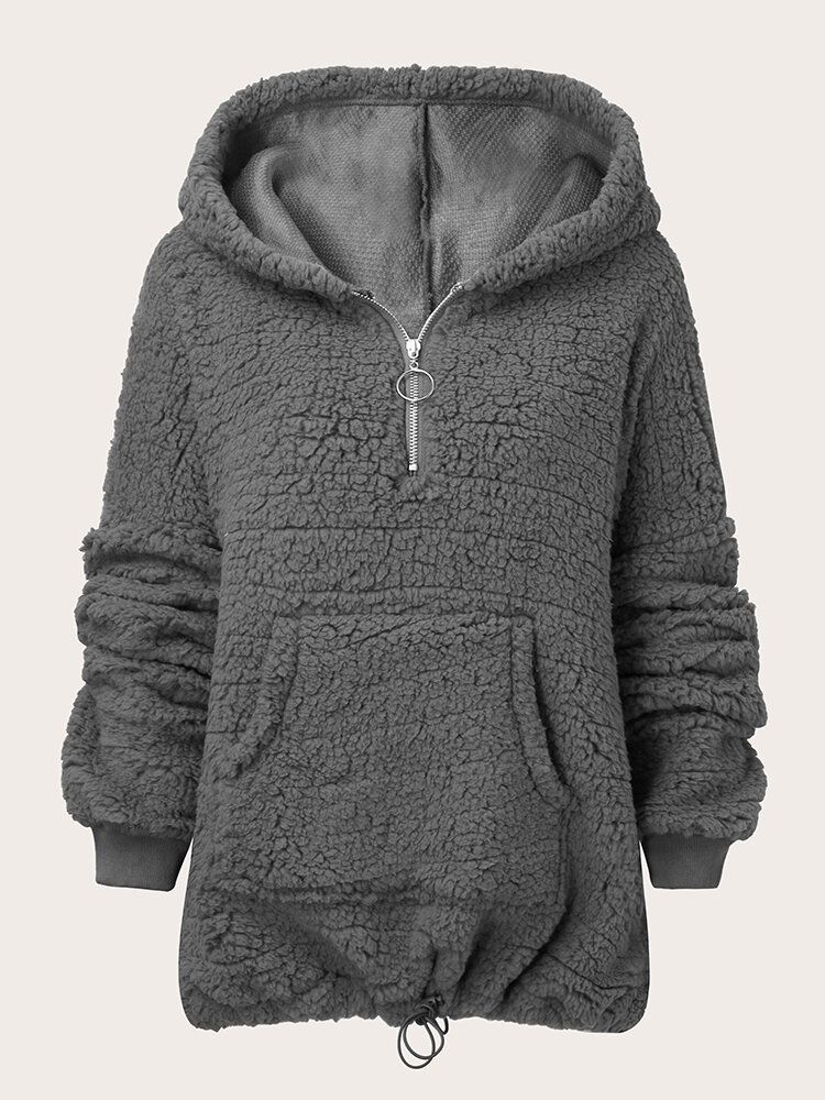 Kvinnor Solid Zipper Up Plus Size Lammficka Långärmad Casual Hoodies