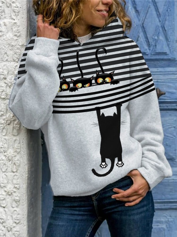 Kvinnor Tecknad Cat Stripe Print Daily Casual Långärmade Hoodies