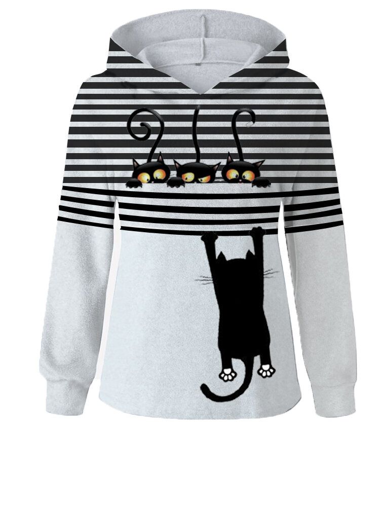 Kvinnor Tecknad Cat Stripe Print Daily Casual Långärmade Hoodies