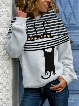 Kvinnor Tecknad Cat Stripe Print Daily Casual Långärmade Hoodies