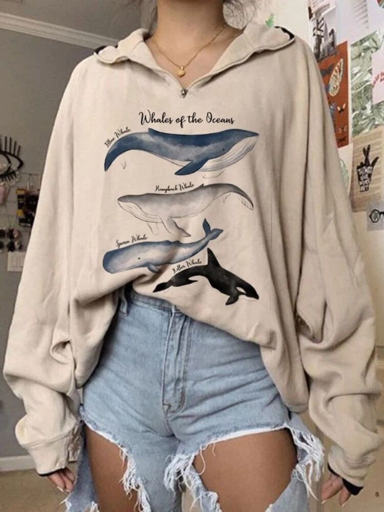 Kvinnor Variety Whale Print Loose Pullover Långärmade Sweatshirts