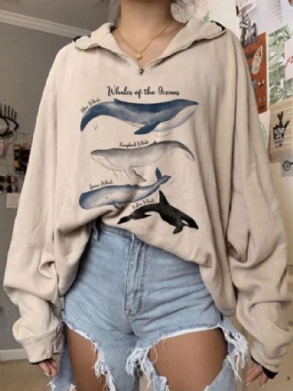 Kvinnor Variety Whale Print Loose Pullover Långärmade Sweatshirts