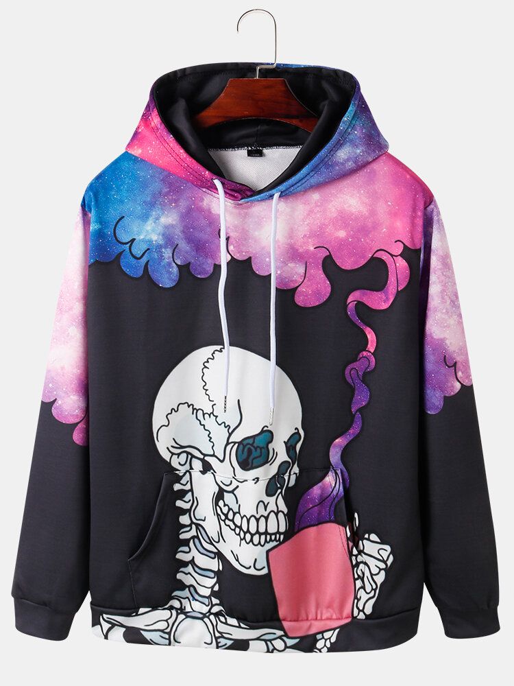 Långärmade Street Hoodies För Herr Stjärnhimmel Skeletttryck