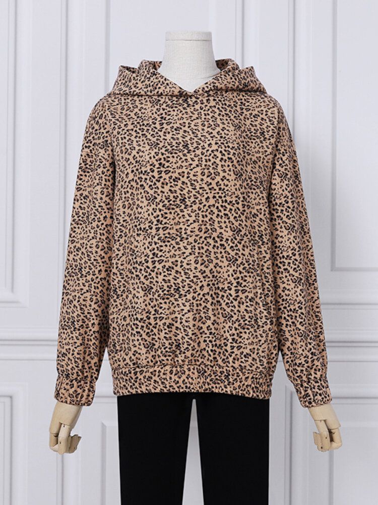 Leopardtryckt Leopardtryckt Frontficka Helärmad Hoodkrage Casual Sweatshirt