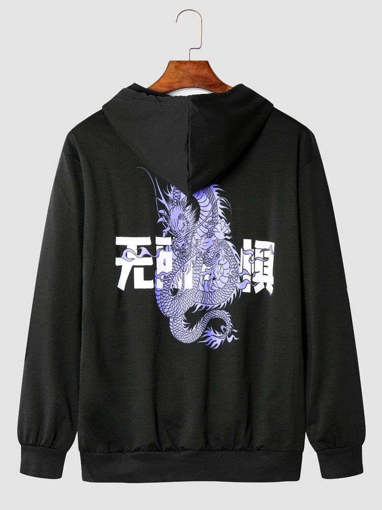 Män Dragon Print Kinesisk Kangaroo Pocket Casual Huvtröja