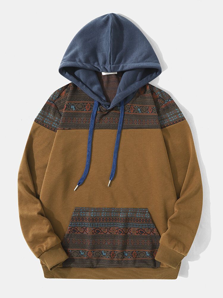 Män Etniskt Patchwork Mönster Kontrast Kangaroo Pocket Hood Sweatshirt