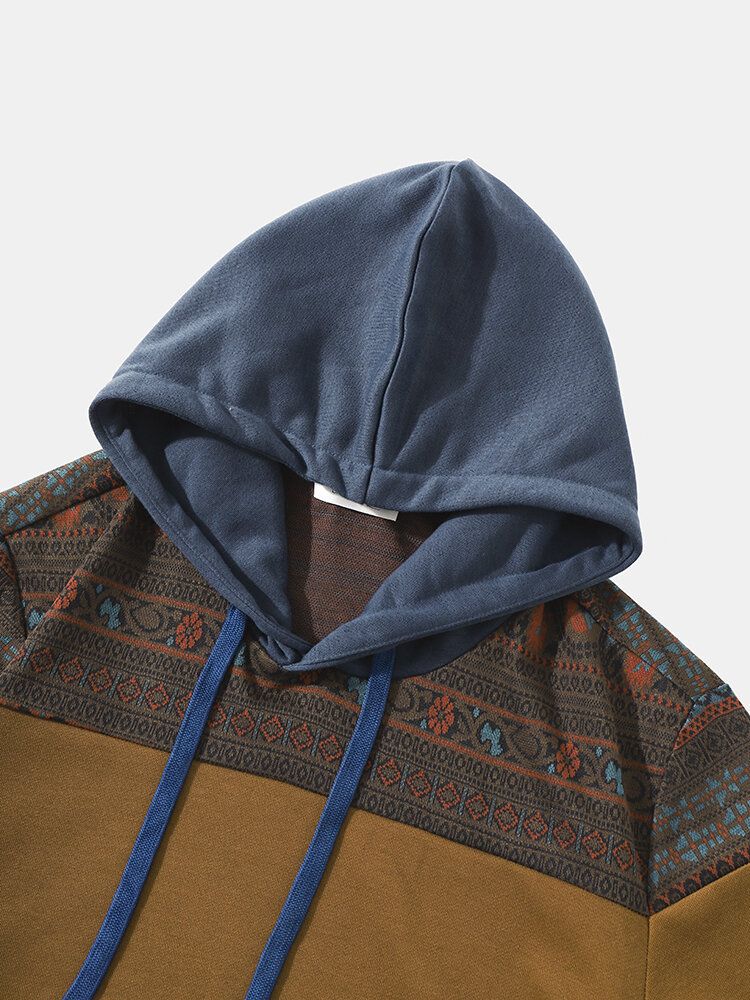 Män Etniskt Patchwork Mönster Kontrast Kangaroo Pocket Hood Sweatshirt