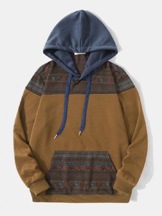 Män Etniskt Patchwork Mönster Kontrast Kangaroo Pocket Hood Sweatshirt