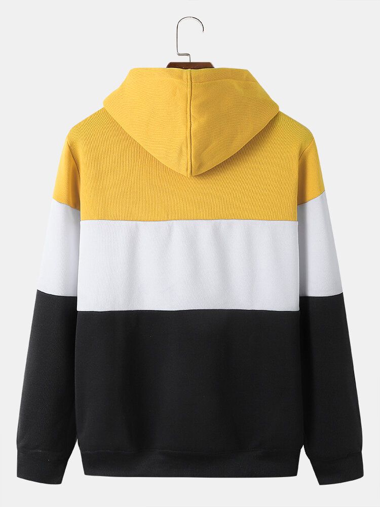 Män Färg Block Strip Patchwork Kangaroo Pocket Letter Dragsko Hood Sweatshirt