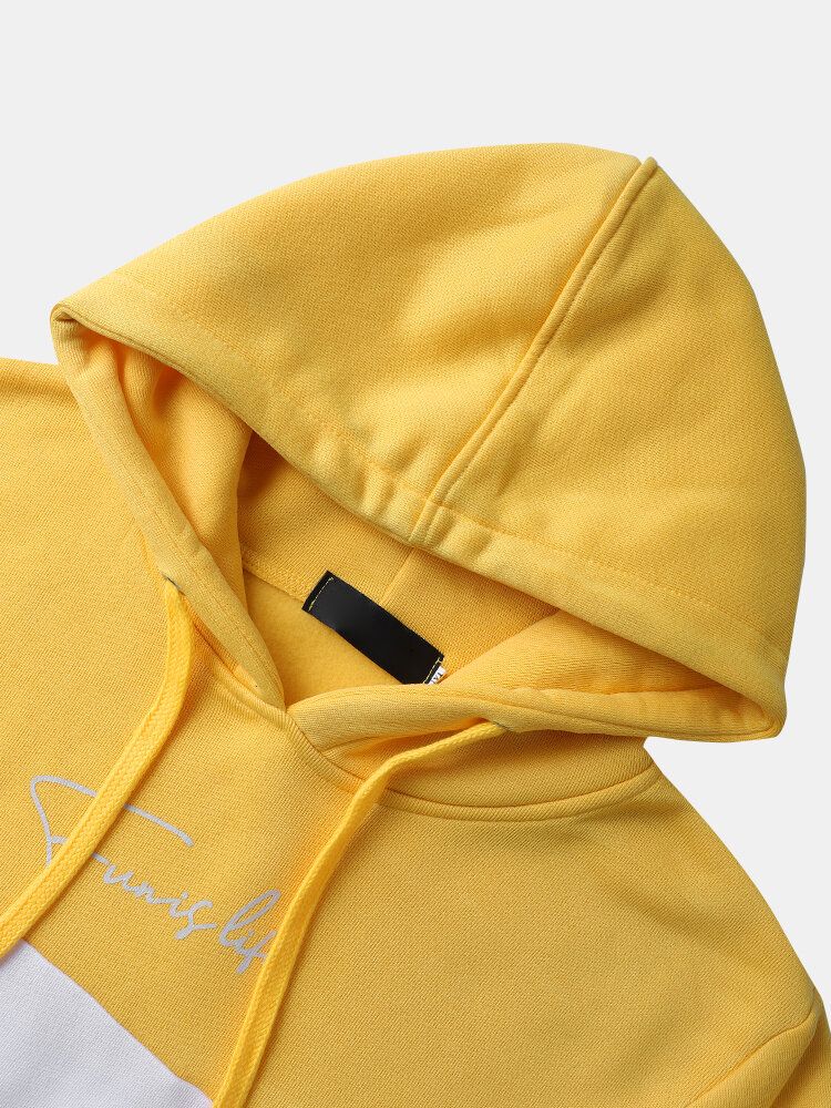 Män Färg Block Strip Patchwork Kangaroo Pocket Letter Dragsko Hood Sweatshirt