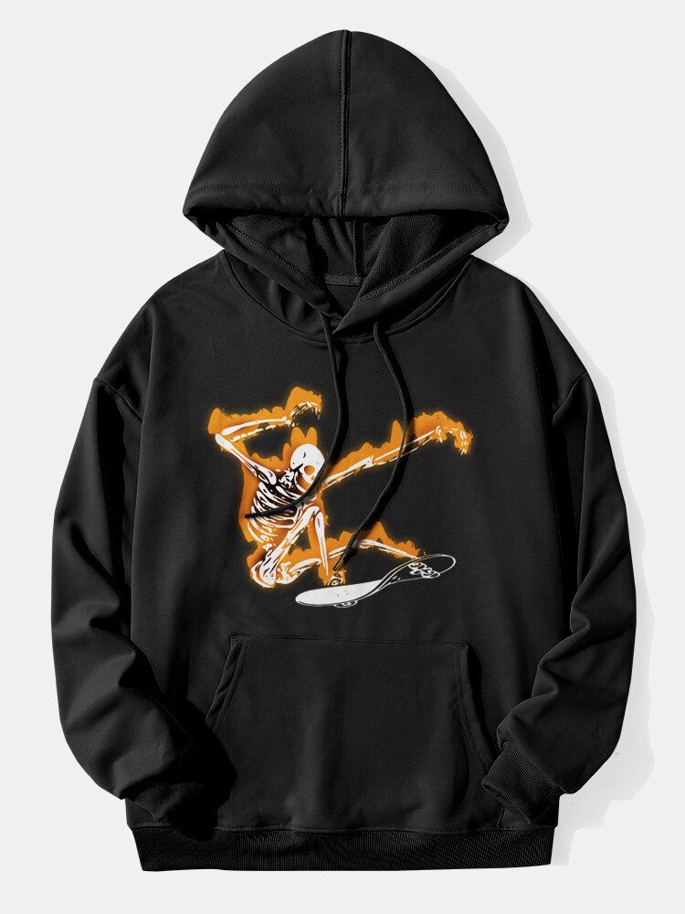 Män Halloween Skeleton Grafisk Kangaroo Pocket Street Hoodies Med Dragsko