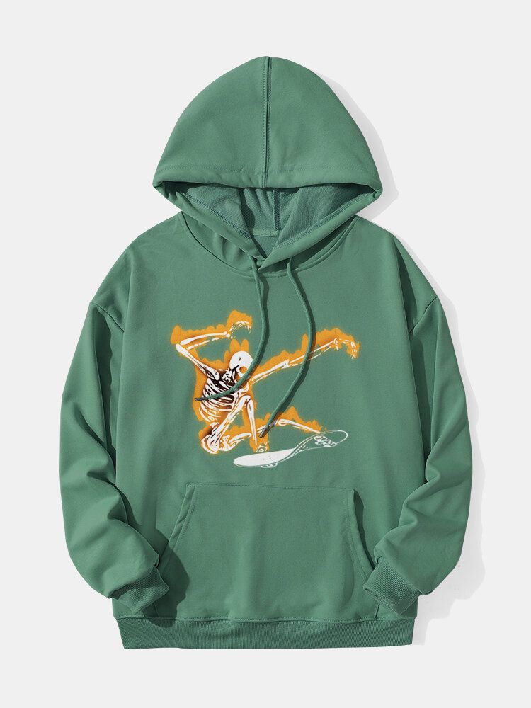 Män Halloween Skeleton Grafisk Kangaroo Pocket Street Hoodies Med Dragsko