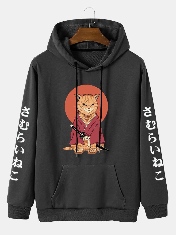 Män Japansk Stil Cat Print Kangaroo Pocket Letter Casual Hood Sweatshirt