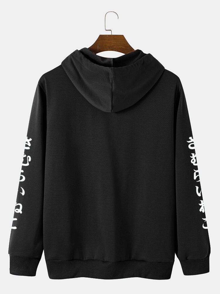 Män Japansk Stil Cat Print Kangaroo Pocket Letter Casual Hood Sweatshirt