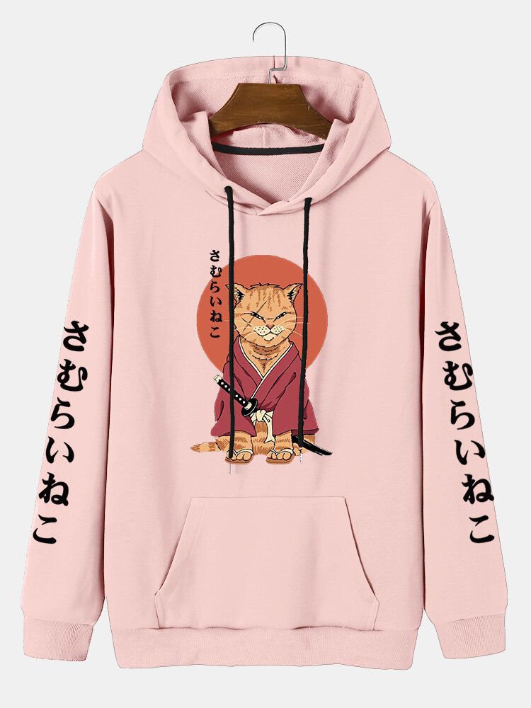 Män Japansk Stil Cat Print Kangaroo Pocket Letter Casual Hood Sweatshirt