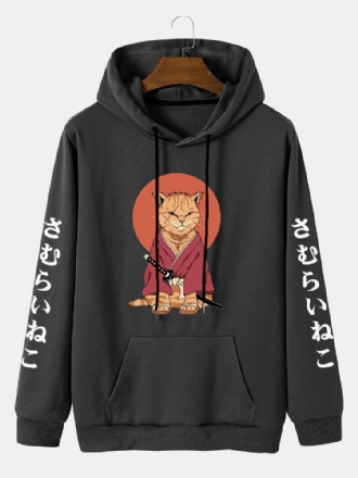 Män Japansk Stil Cat Print Kangaroo Pocket Letter Casual Hood Sweatshirt