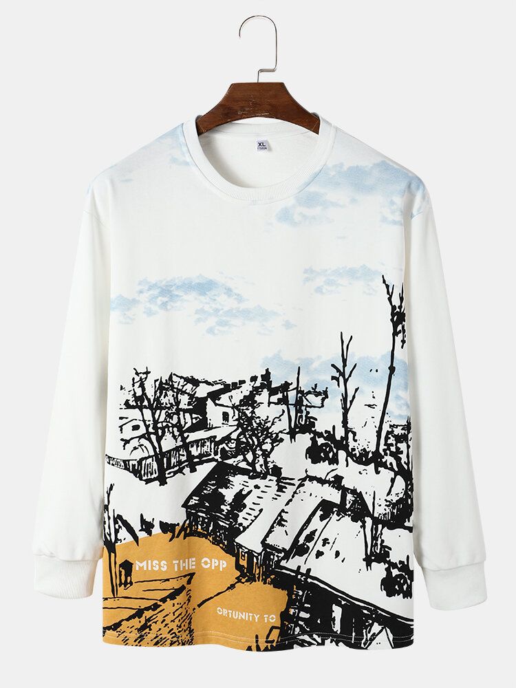 Män Landskapsmönster Letter Långärmad Casual Pullover Sweatshirt