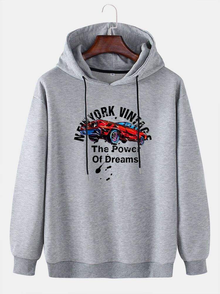 Män Letter Car Print Drop Shoulder Warma Hoodies