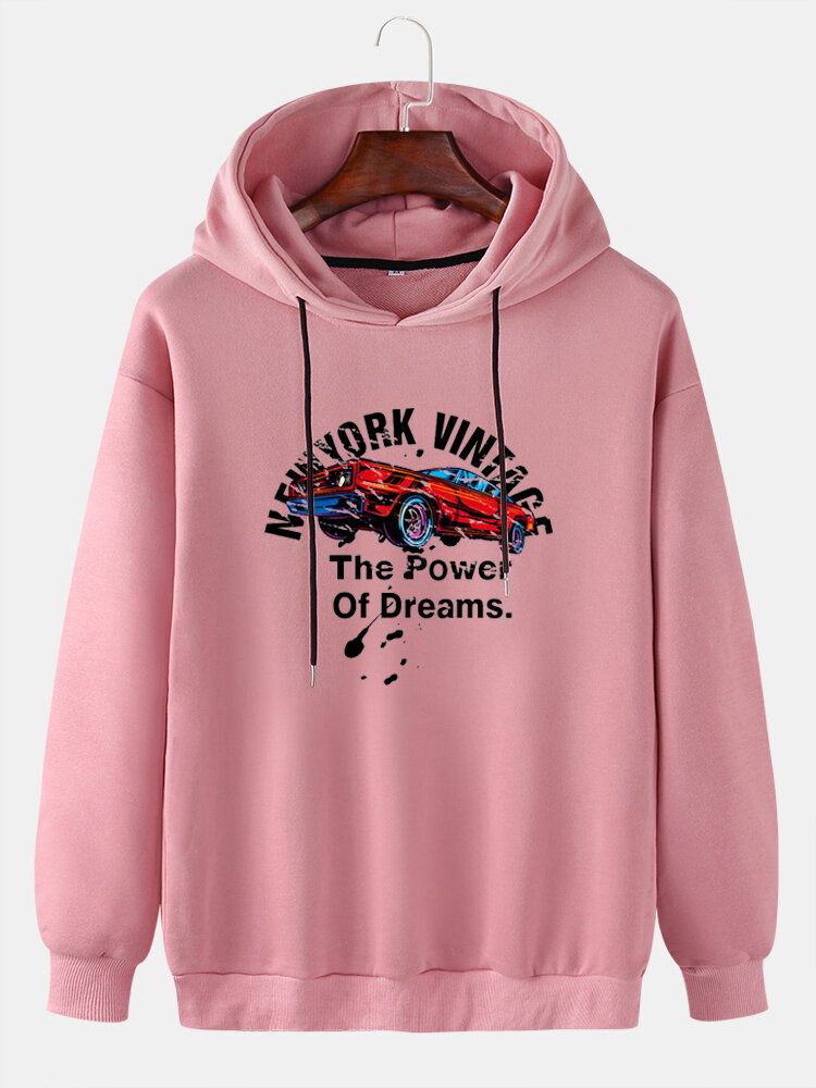 Män Letter Car Print Drop Shoulder Warma Hoodies