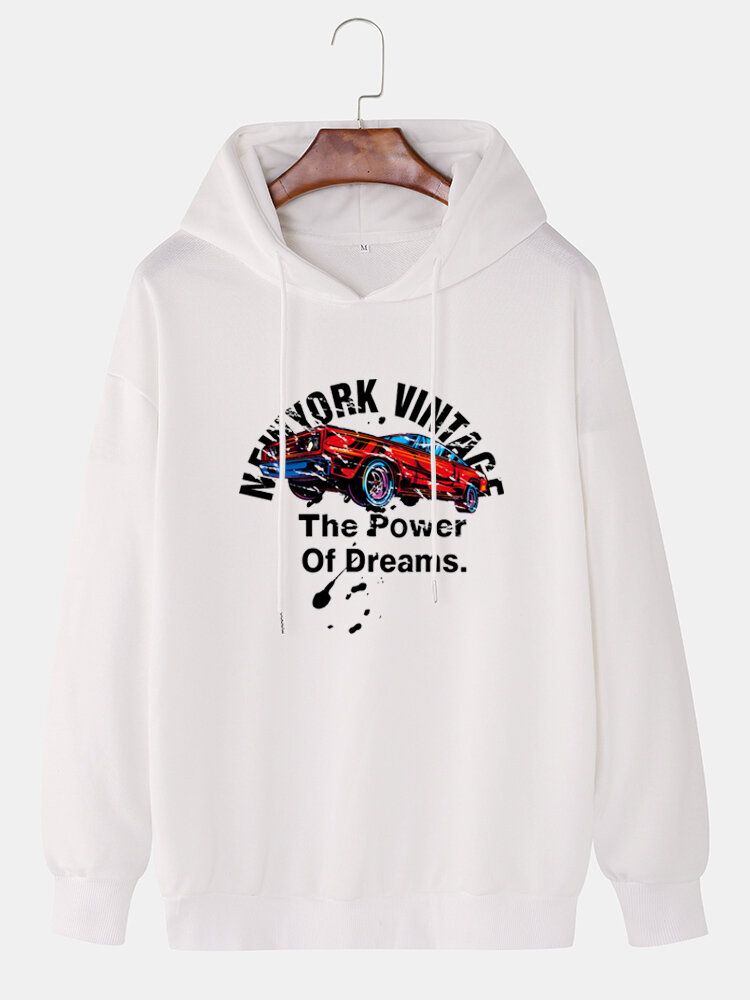 Män Letter Car Print Drop Shoulder Warma Hoodies