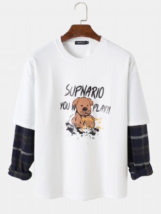 Män Letter Cartoon Dog Print Drop Shoulder Patchwork Plädade Tröjor