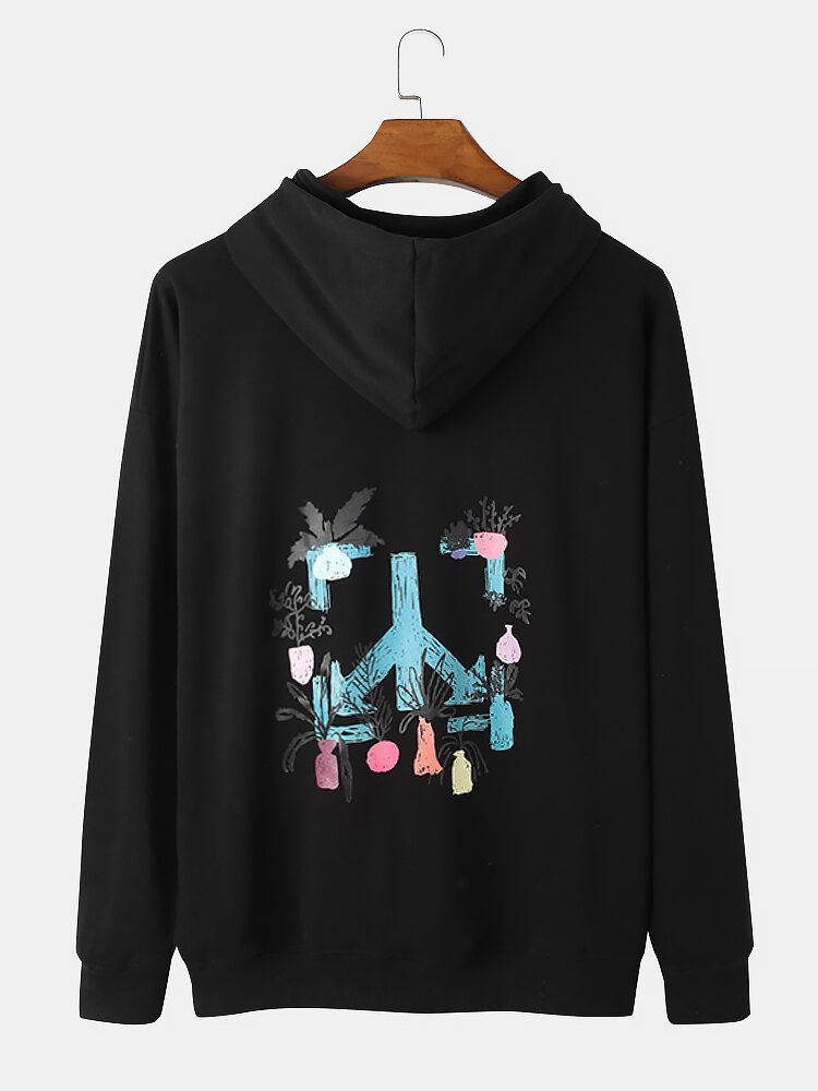 Män Letter Cartoon Plant Baksida Tryck Bomull Casual Drop Shoulder Hoodies