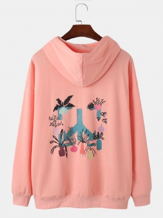 Män Letter Cartoon Plant Baksida Tryck Bomull Casual Drop Shoulder Hoodies