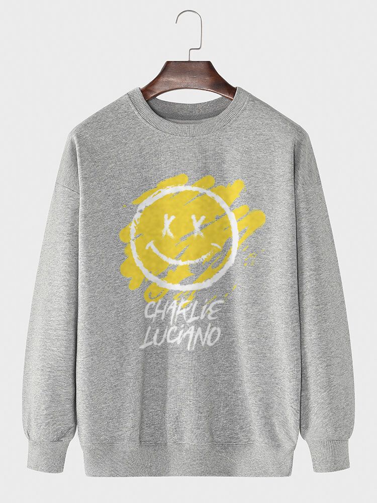 Män Letter Graffiti Smile Print Pullover Långärmade Bomullströjor