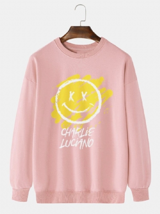 Män Letter Graffiti Smile Print Pullover Långärmade Bomullströjor