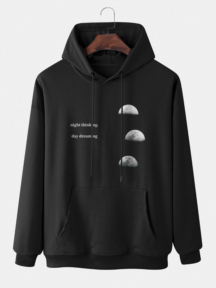 Män Lunar Eclipse Letter Känguruficka Dragsko Solid Casual Huvtröja