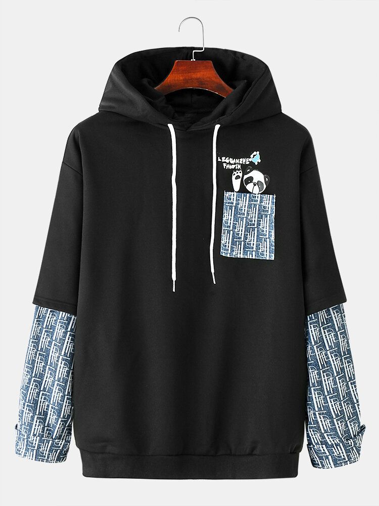 Män Patchwork Faked Two Panda Letter Pocket Preppy Hood Sweatshirt