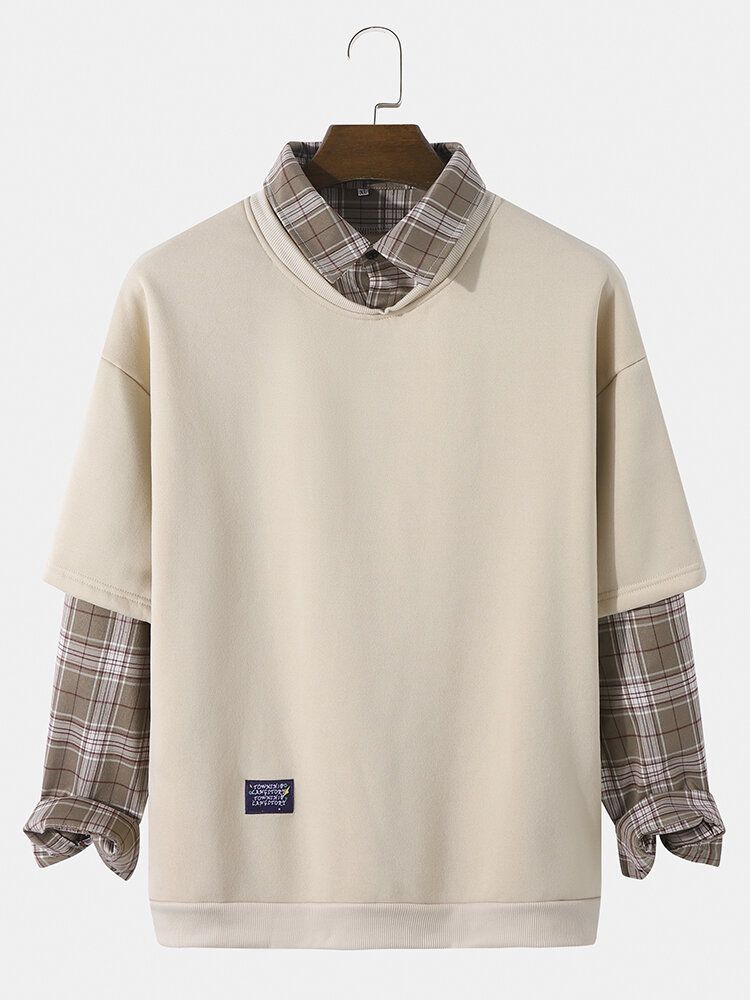 Män Patchwork Fakes Två Rutig Skjorta Kontrast Trendig Pullover Sweatshirt