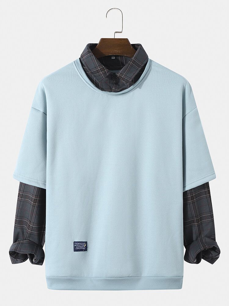 Män Patchwork Fakes Två Rutig Skjorta Kontrast Trendig Pullover Sweatshirt