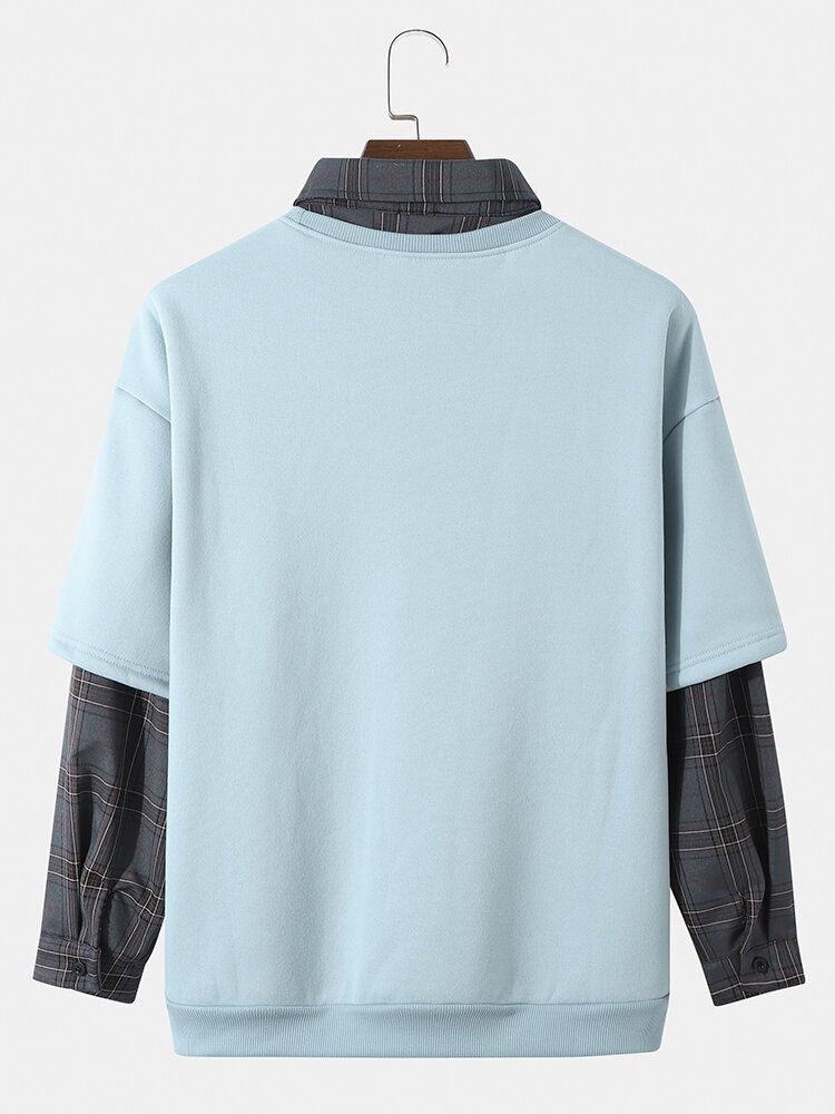 Män Patchwork Fakes Två Rutig Skjorta Kontrast Trendig Pullover Sweatshirt