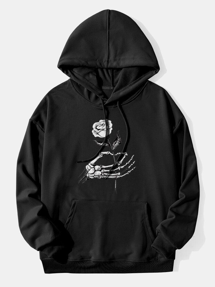 Män Rose Skeleton Hand Print Dragsko Hooded Sweatshirts