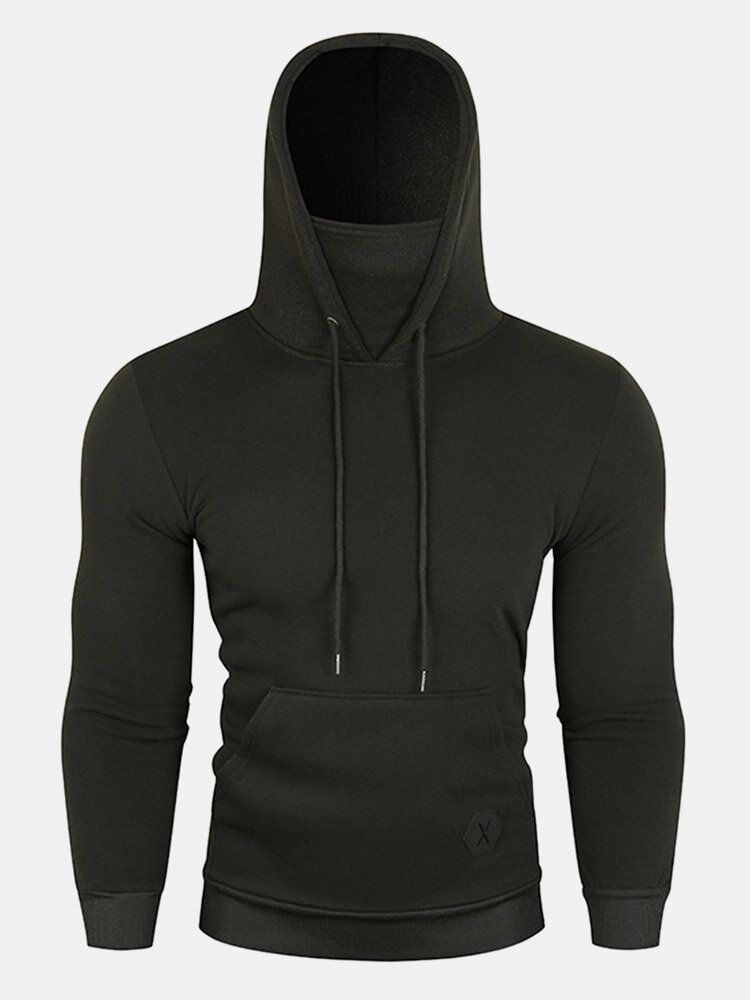 Män Solid Dragsko Fleece Höghalsad Sport Med Framfickor Huvtröja