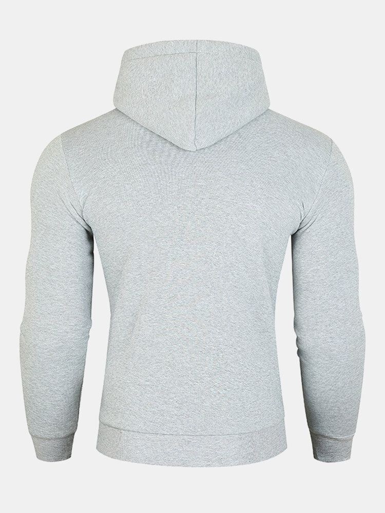 Män Solid Dragsko Fleece Höghalsad Sport Med Framfickor Huvtröja