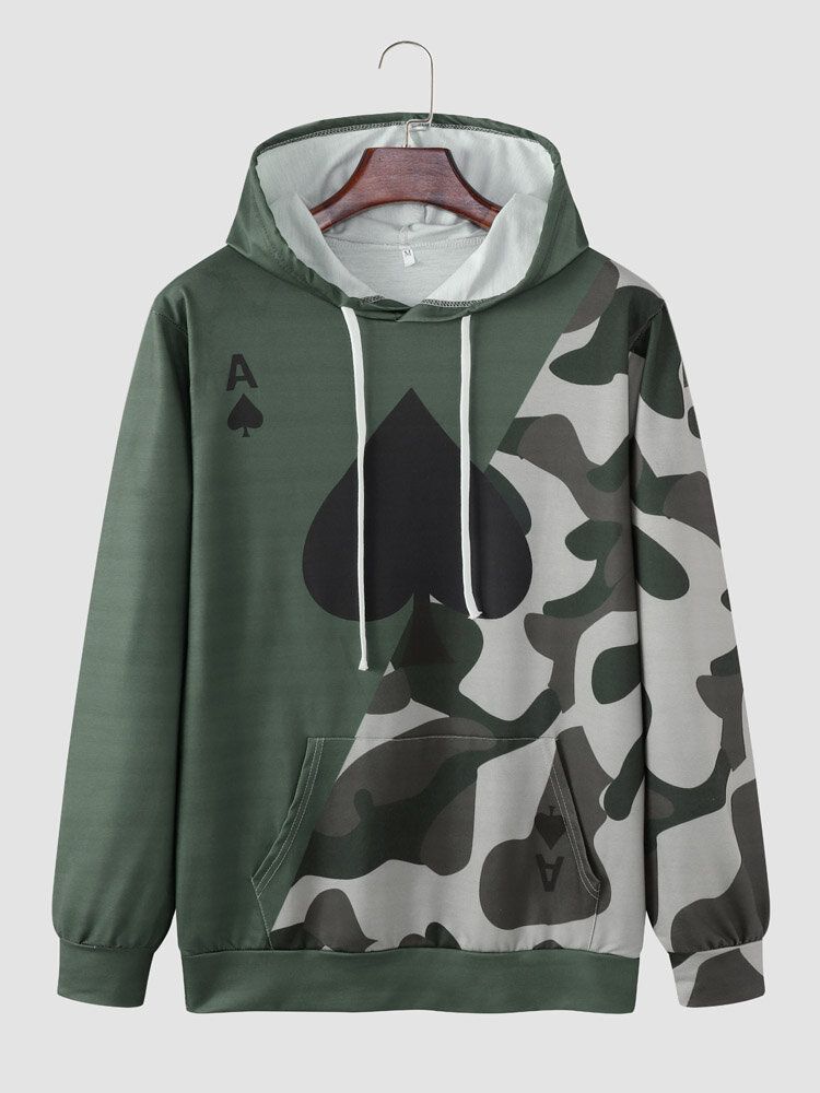 Män Spade Camo Print Patchwork Dragsko Kangaroo Pocket Hoodies