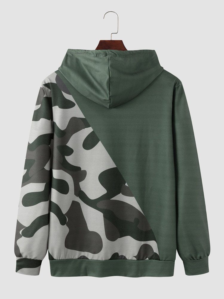 Män Spade Camo Print Patchwork Dragsko Kangaroo Pocket Hoodies