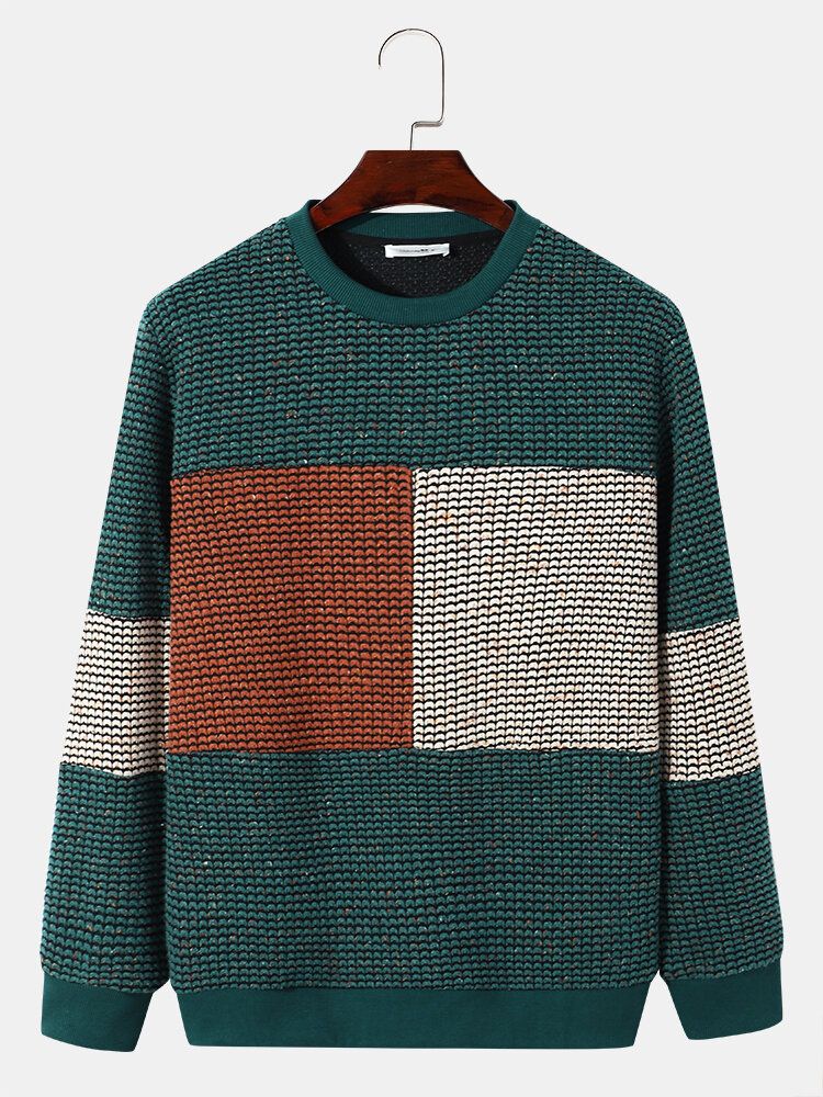 Män Stickad Patchwork Color Block Långärmad Casual Pullover Sweatshirt