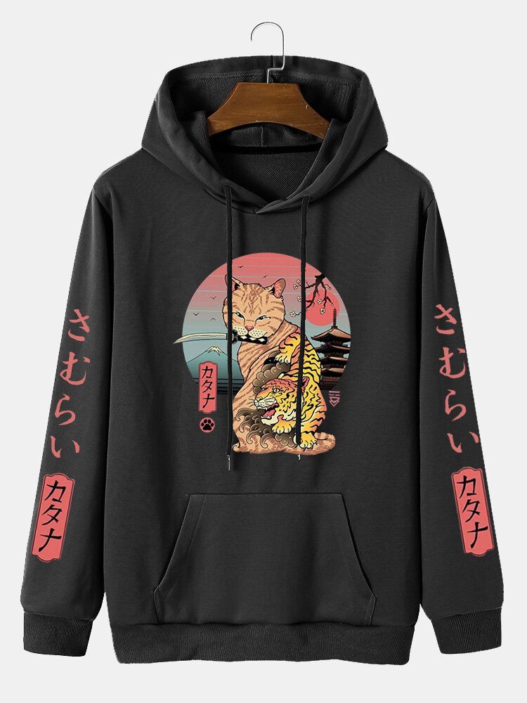 Män Tecknad Tryckt Japansk Stil Känguruficka Letter Hood Sweatshirt