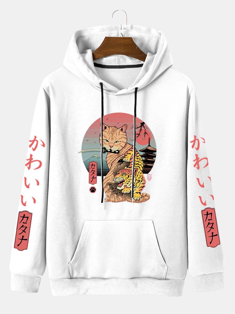 Män Tecknad Tryckt Japansk Stil Känguruficka Letter Hood Sweatshirt