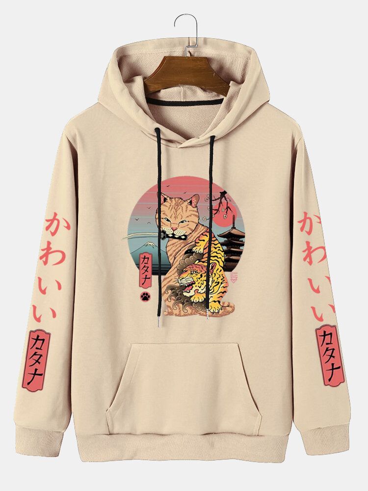 Män Tecknad Tryckt Japansk Stil Känguruficka Letter Hood Sweatshirt