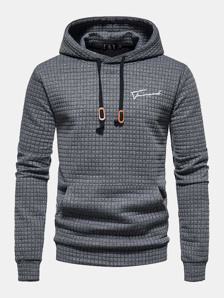 Män Våfflor Gitter Dragsko Kangaroo Pocket Solid Hood Sweatshirt