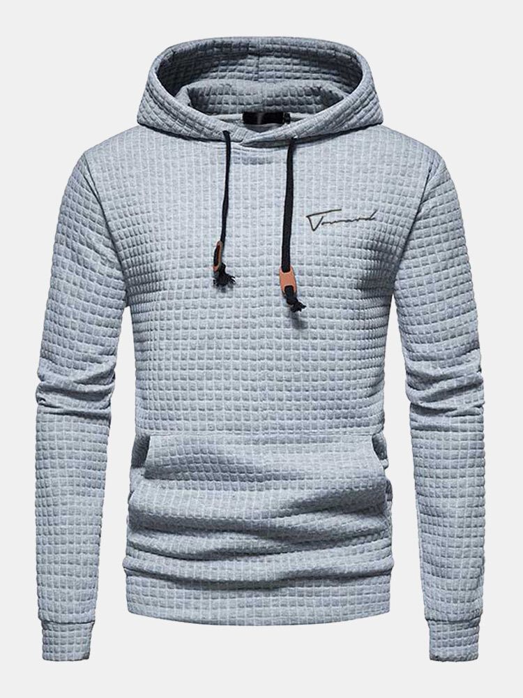 Män Våfflor Gitter Dragsko Kangaroo Pocket Solid Hood Sweatshirt