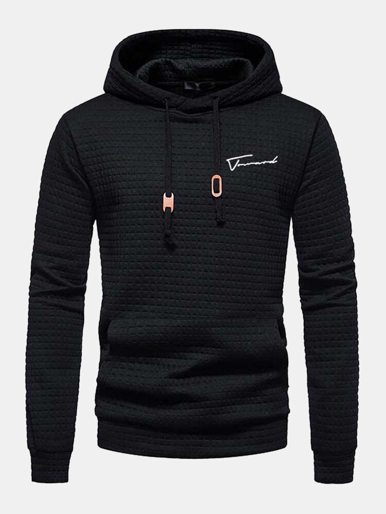 Män Våfflor Gitter Dragsko Kangaroo Pocket Solid Hood Sweatshirt