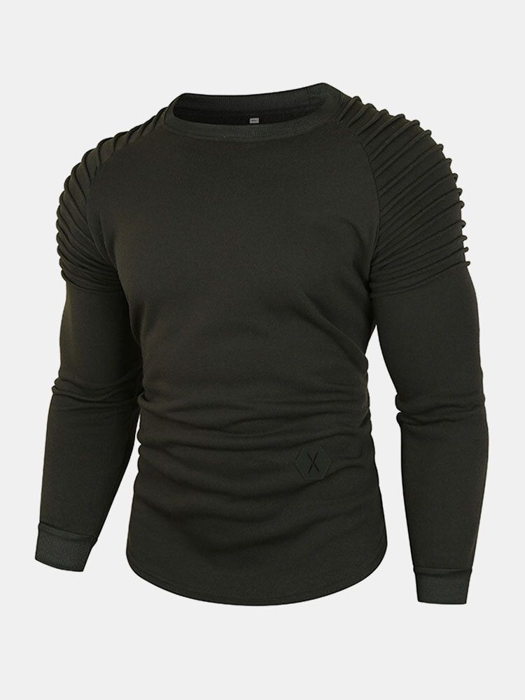 Massiv Plisserad Fleece För Män Casual Tröja Med Rund Hals